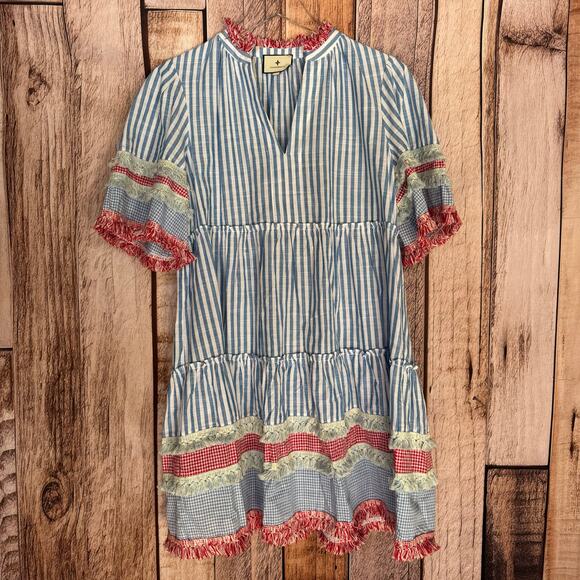 Tuckernuck Dress Crawford Savannah Stripe Cotton Fringe Tiered Summer Preppy M - Picture 1 of 9